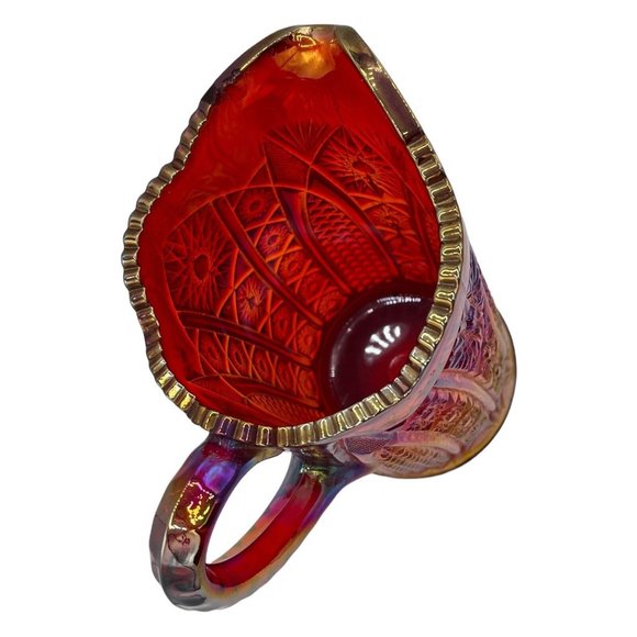 Vtg Carnival Indiana Glass Red Amberina Sunburst Iridescent Heavy Pitcher Glows - Picture 7 of 10